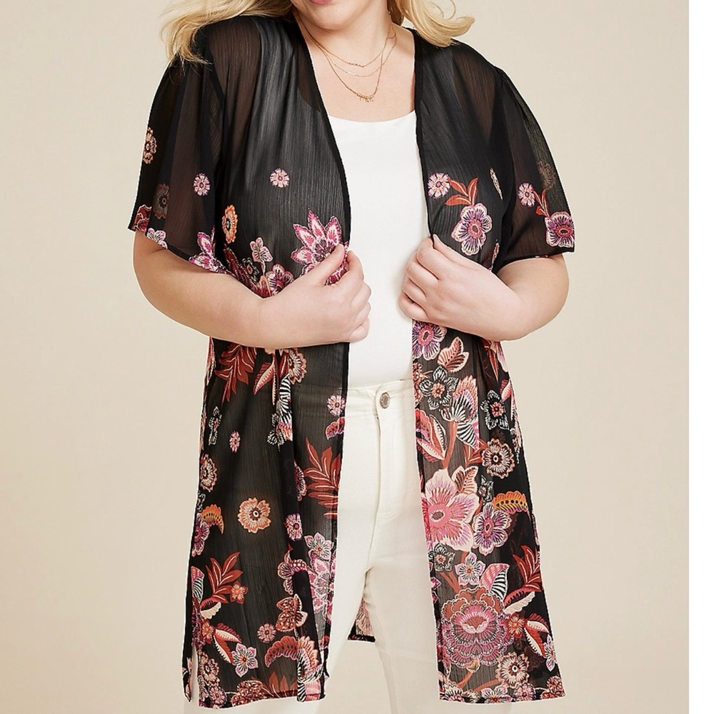 Plus Size Black Floral Flutter Sleeve Kimono By Maurice 0X NWT SRP $ 39
